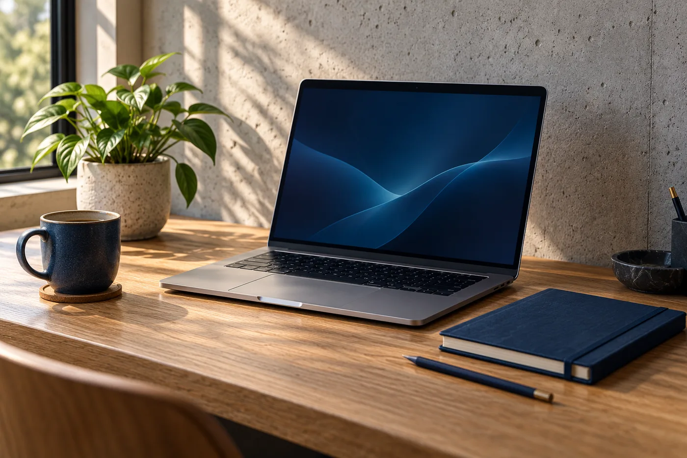 An illustrated workspace with a laptop, notebook, and plant in natural light.