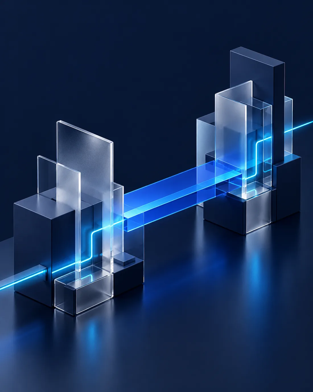 Glass and navy structures connected by an electric blue bridge, illustrating a connected software system.
