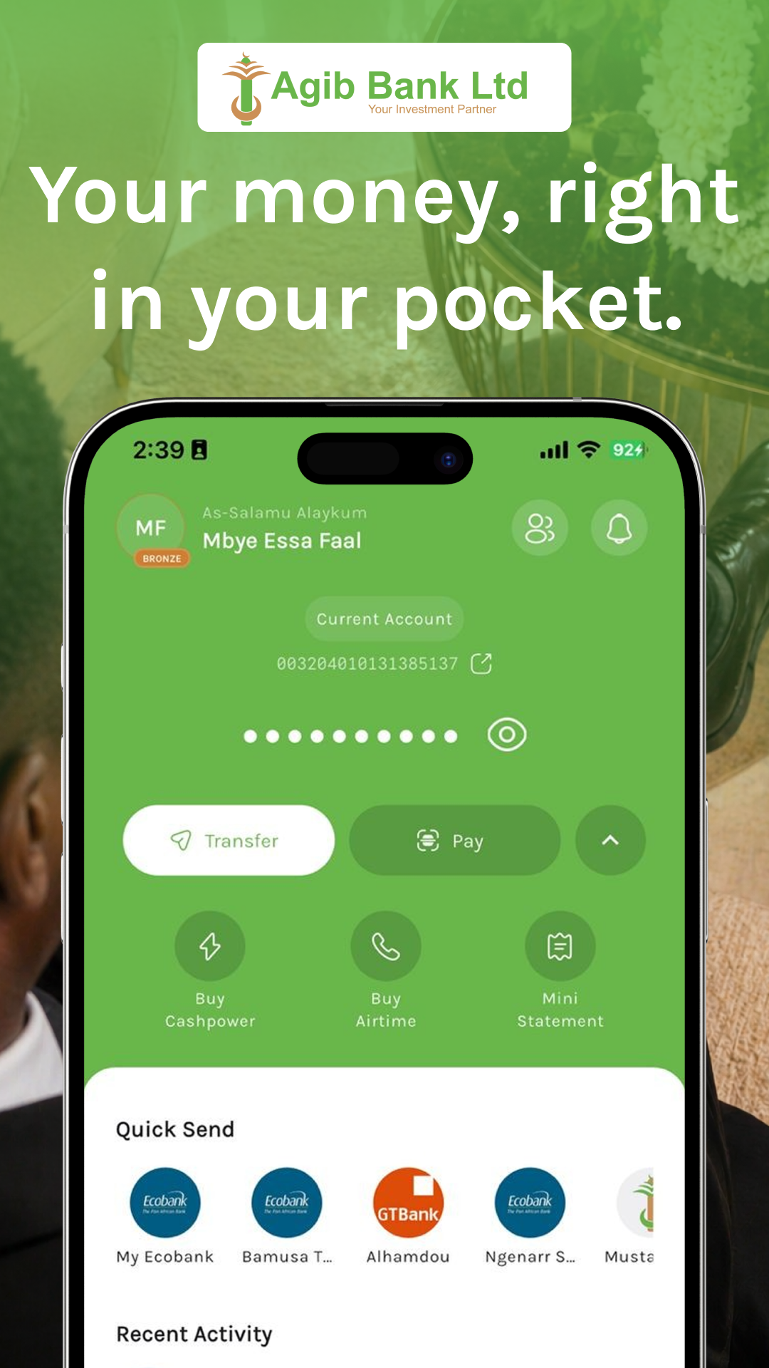 AGIB mobile banking home screen in its official Google Play promotional image.